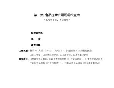 第二類 食品經營許可現場核查表(適用于餐館,單位食堂)